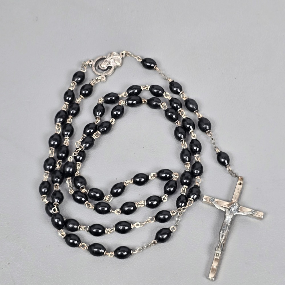 Vintage Italy Black Oval Bead Rosary Sacred Heart Jesus Centerpiece Crucifix